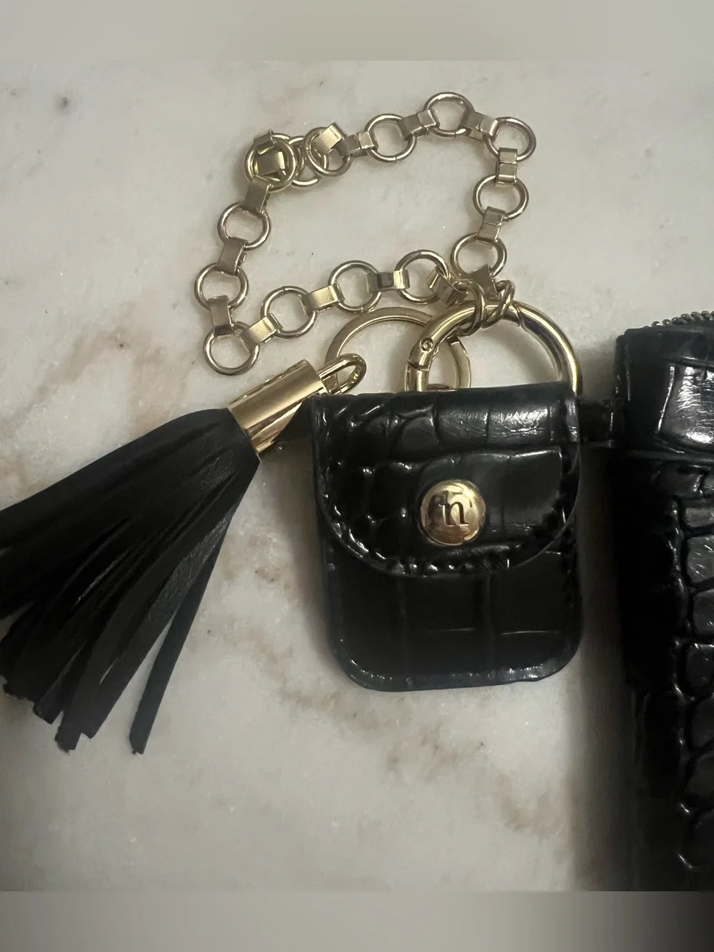Nanette Lepore Black Patent Leather Croc Embossed Wristlet Gold Chain Accents
